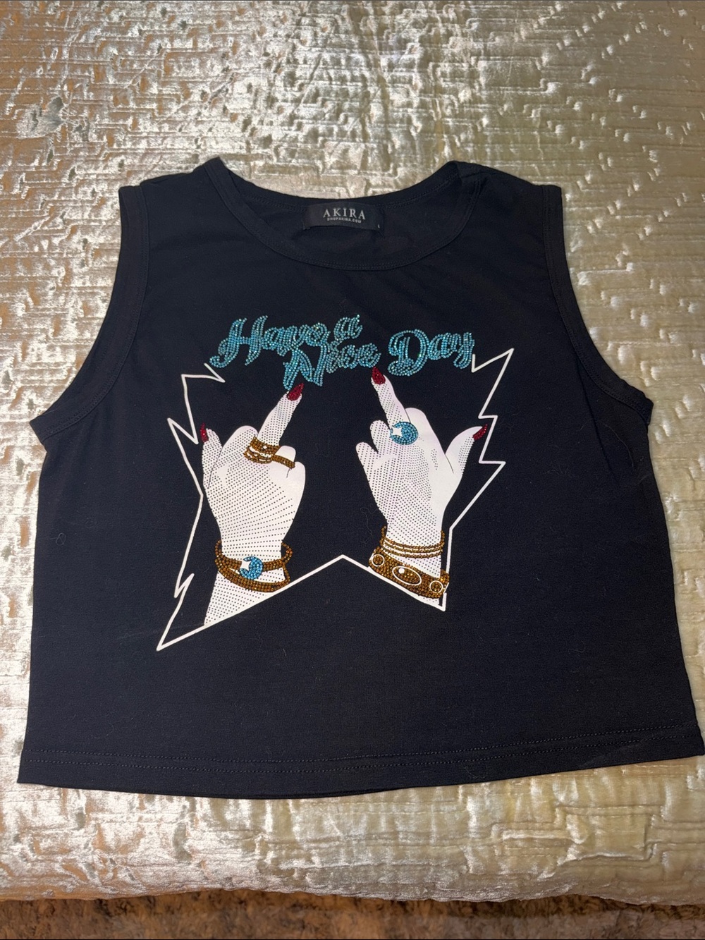 AKIRA Black Graphic Rhinestone Crop Tank - 'Have a Nice Day'